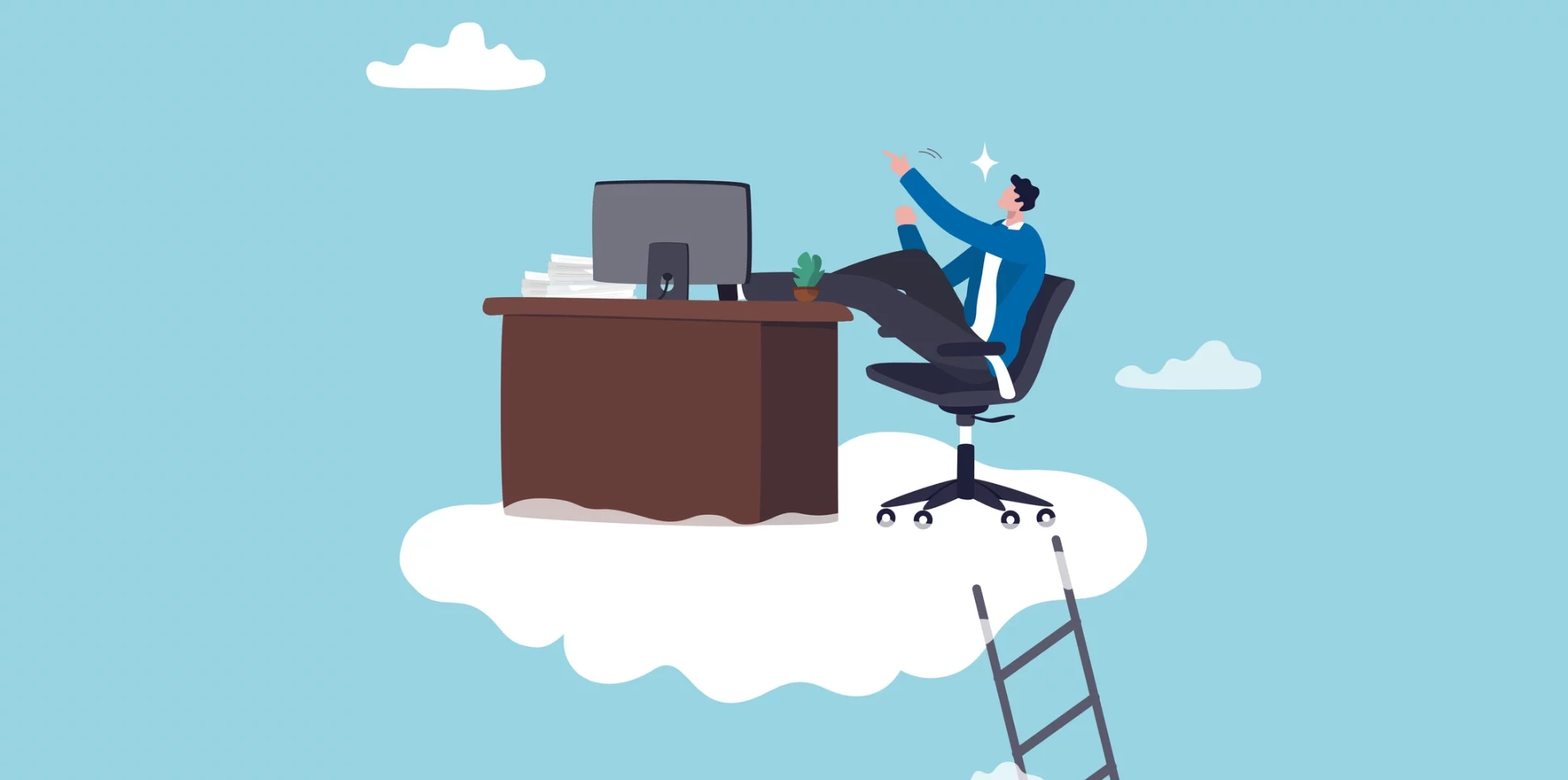 Animated image of a man working at his desk on top of a cloud in the sky