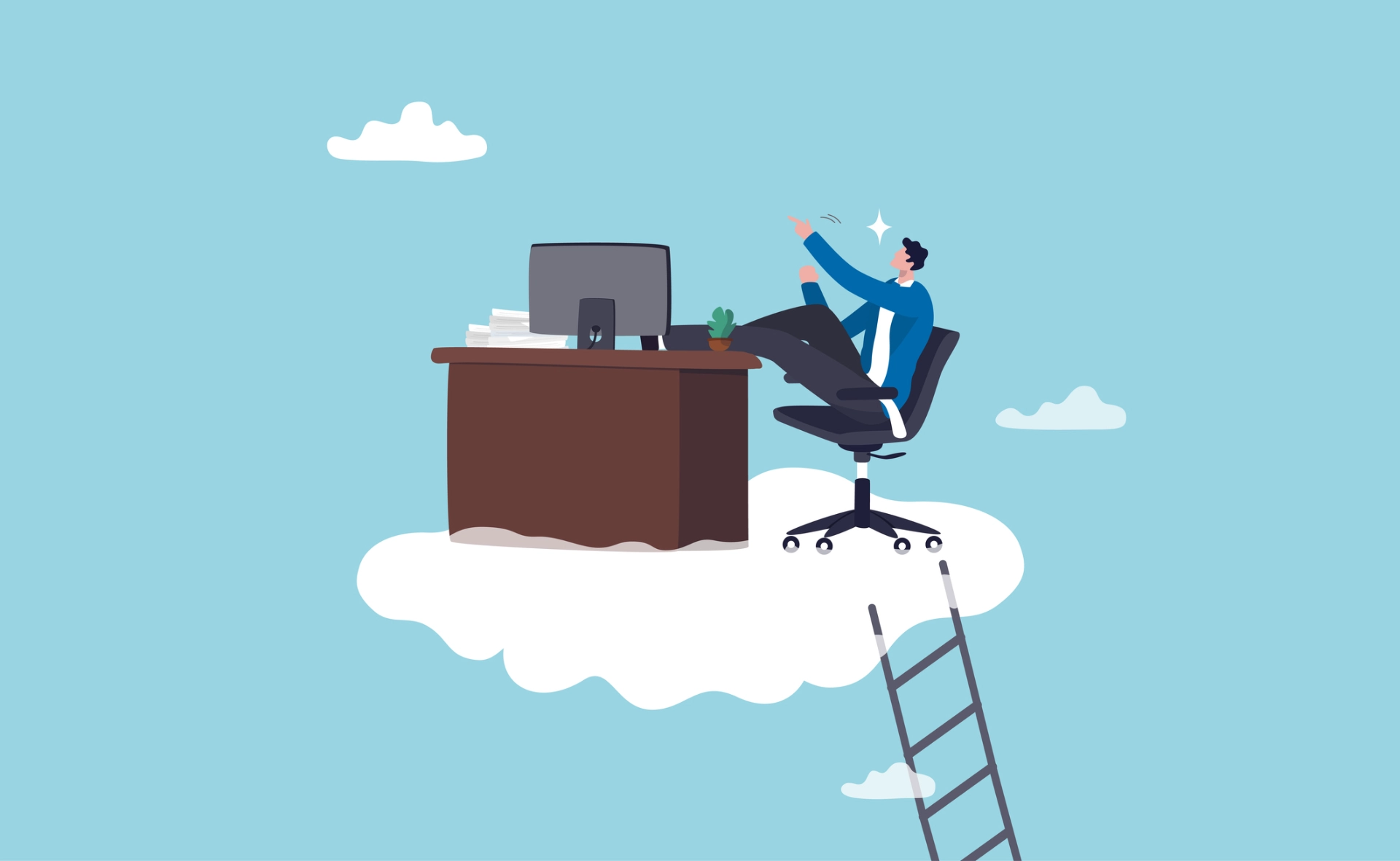 Animated image of a man working at his desk on top of a cloud in the sky