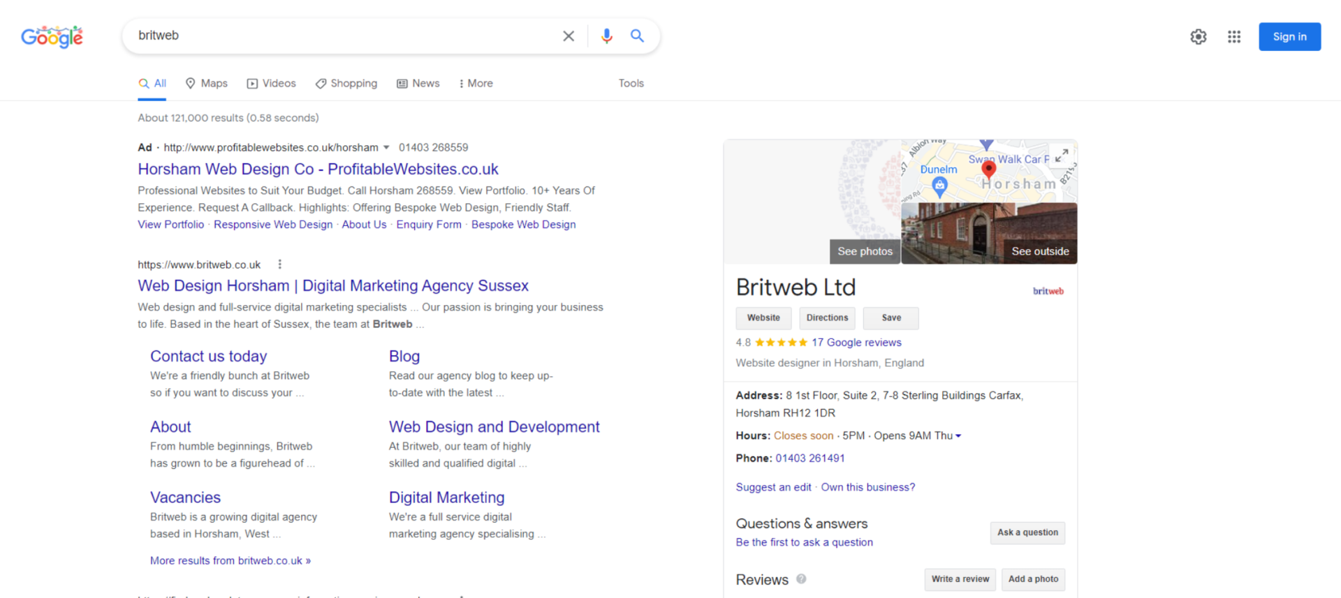 Britweb in SERPs