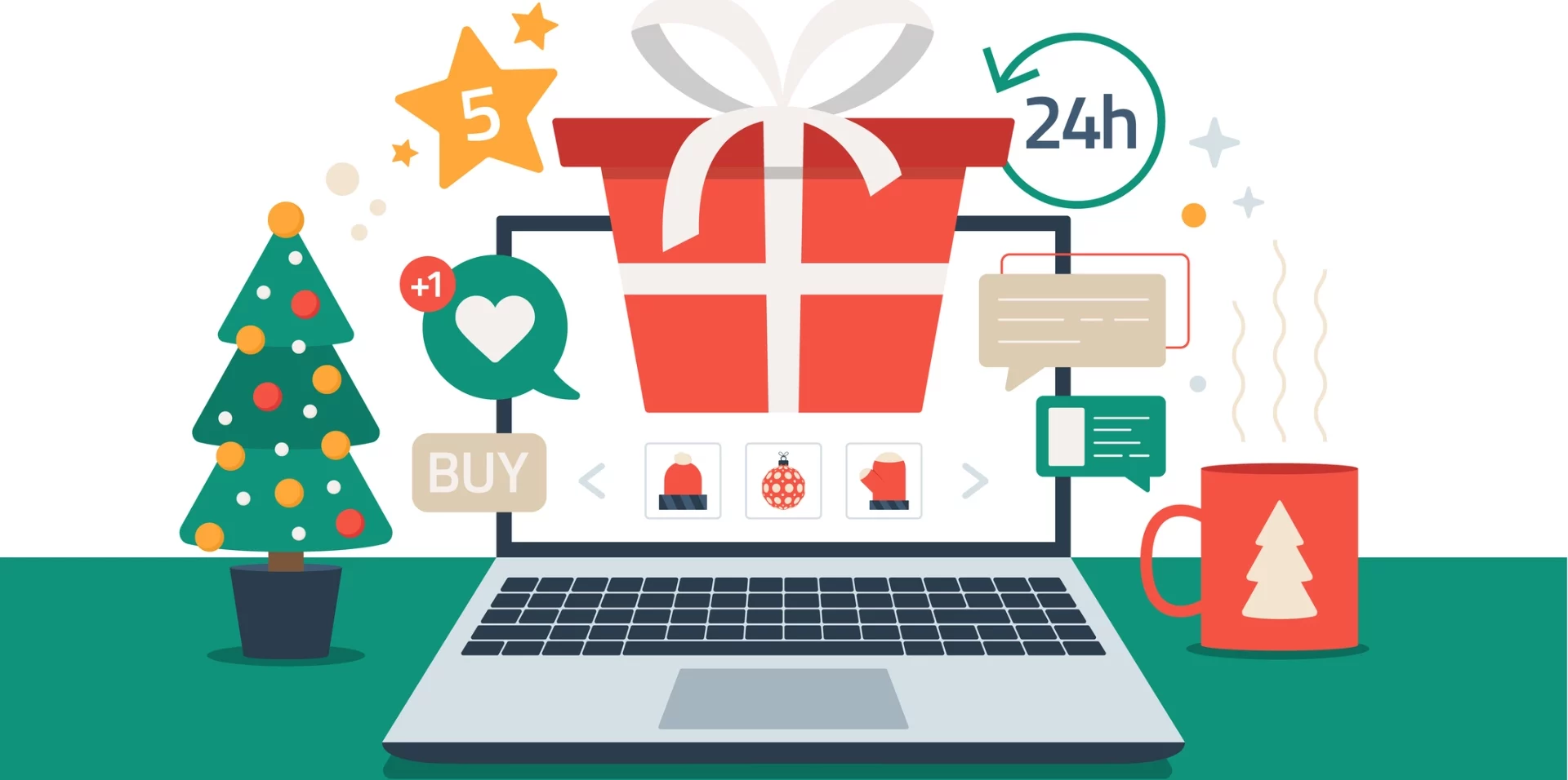 Cartoon image of a laptop with a Christmas present, shopping icons and a Christmas tree