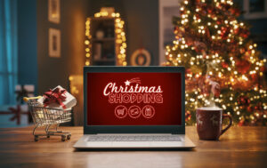 Laptop showing a red screen with 'Christmas Shopping' and shopping icons beneath. There is a christmas tree and lights in the background