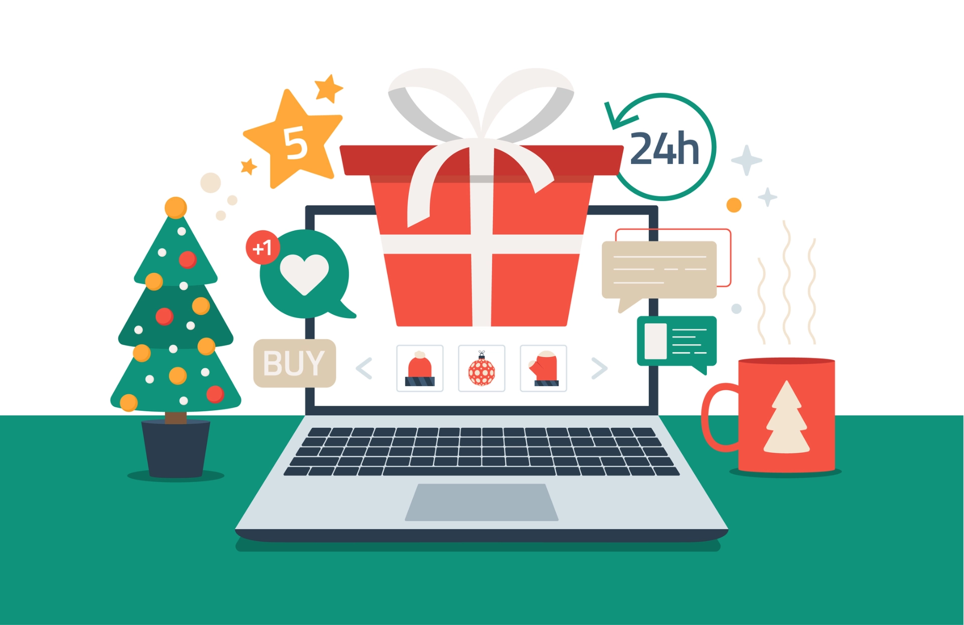 Cartoon image of a laptop with a Christmas present, shopping icons and a Christmas tree