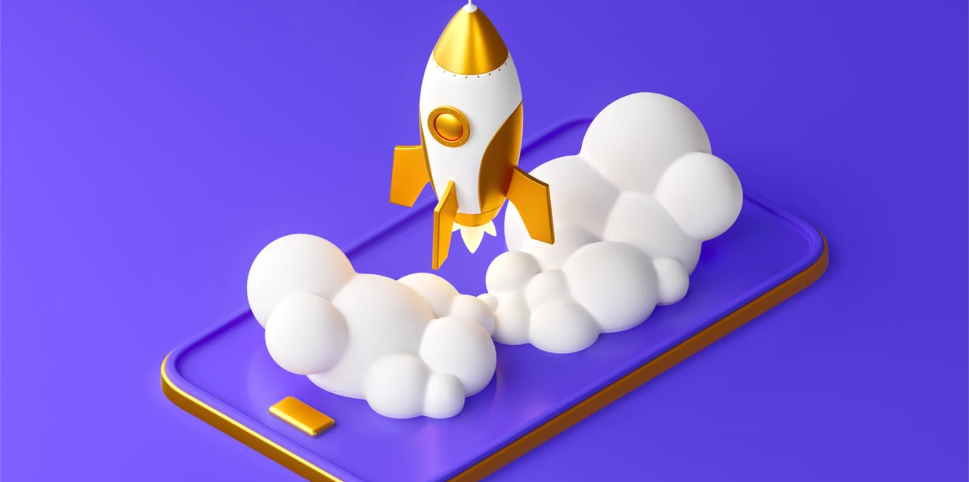Gold and white rocket taking off out of a mobile phone with purple background