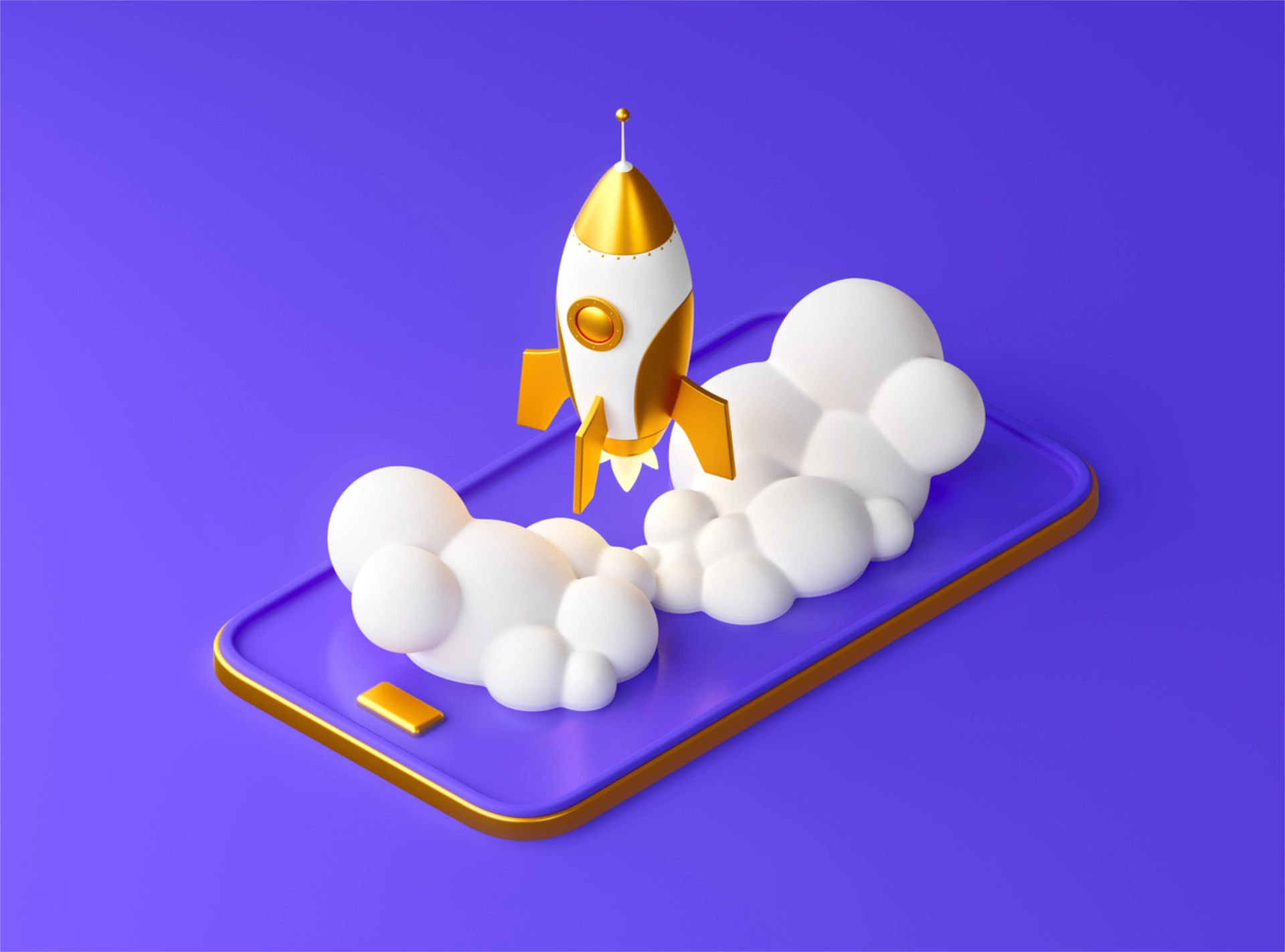 Gold and white rocket taking off out of a mobile phone with purple background