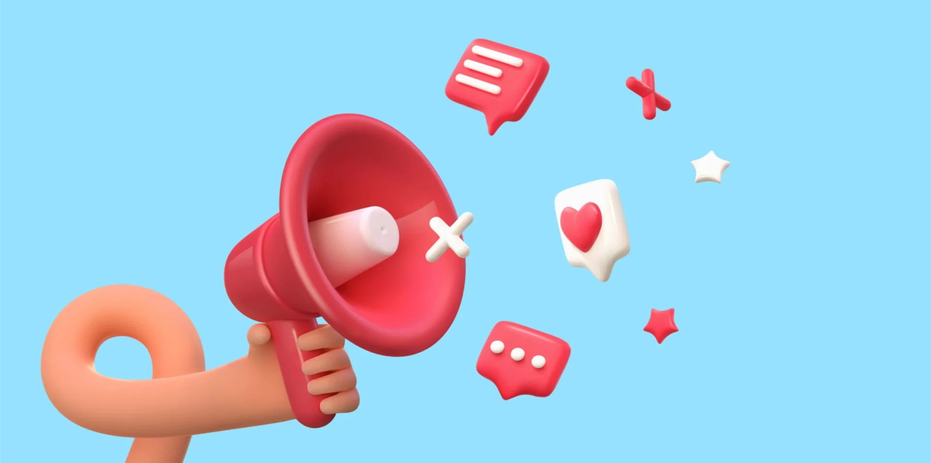 Cartoon megaphone with digital marketing icons coming out of it