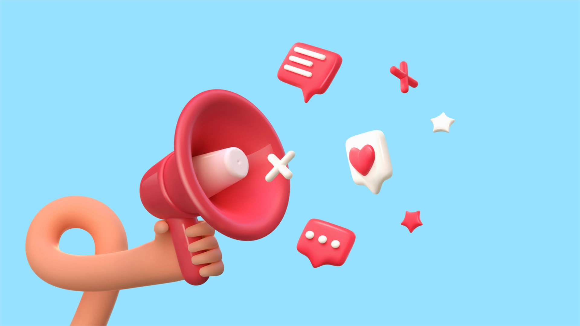Cartoon megaphone with digital marketing icons coming out of it