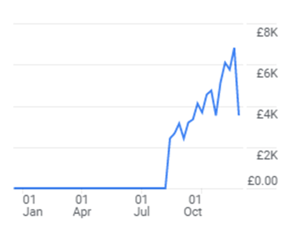 Graph showing the change in organic keyword ranking for the top performing category page, from single digits in Jan 2022 to approx. 350 in Dec 2022. This includes any keywords ranking from 1 - 100.