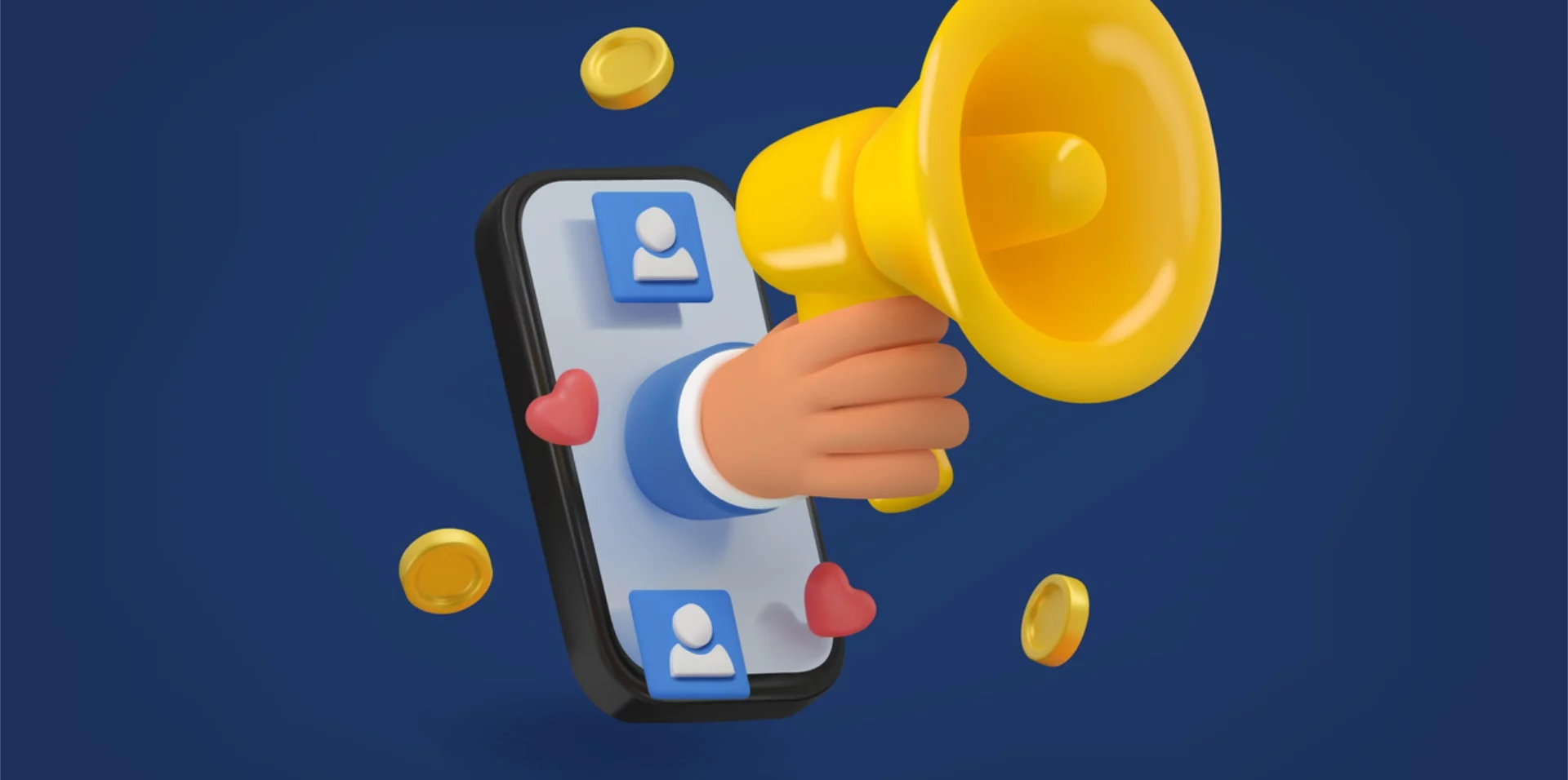 Cartoon mobile phone with a megaphone coming out of it and hearts, profile icons and coins