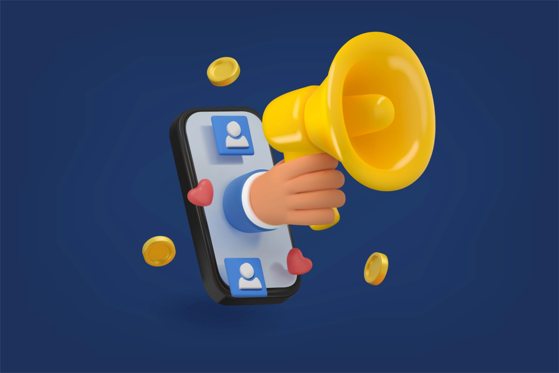 Cartoon mobile phone with a megaphone coming out of it and hearts, profile icons and coins