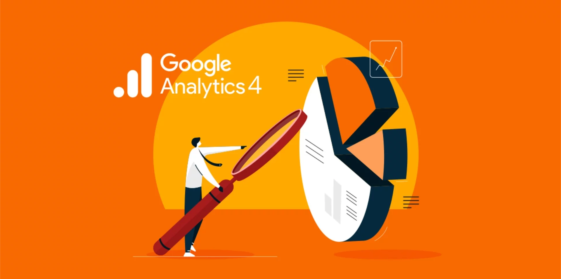Google Analytics 4 logo with a man with a magnifying glass looking at a pie chart