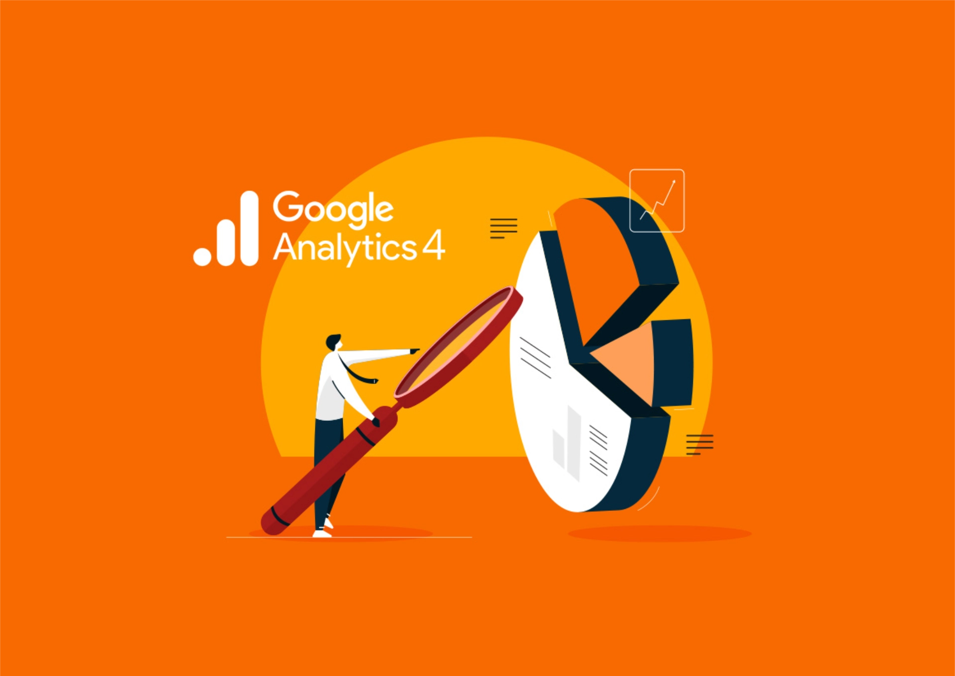 Google Analytics 4 logo with a man with a magnifying glass looking at a pie chart