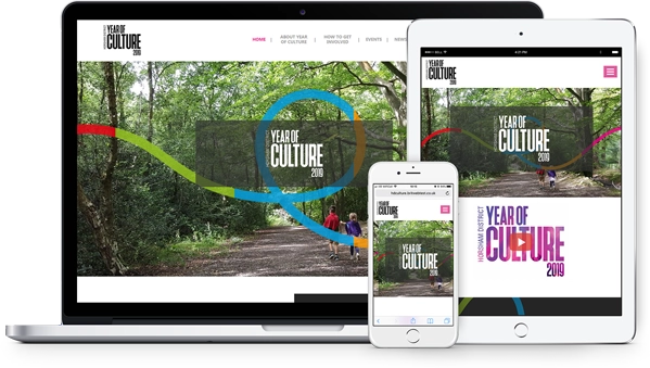 Horsham District Council Year of Culture 2019 website open on three different devices