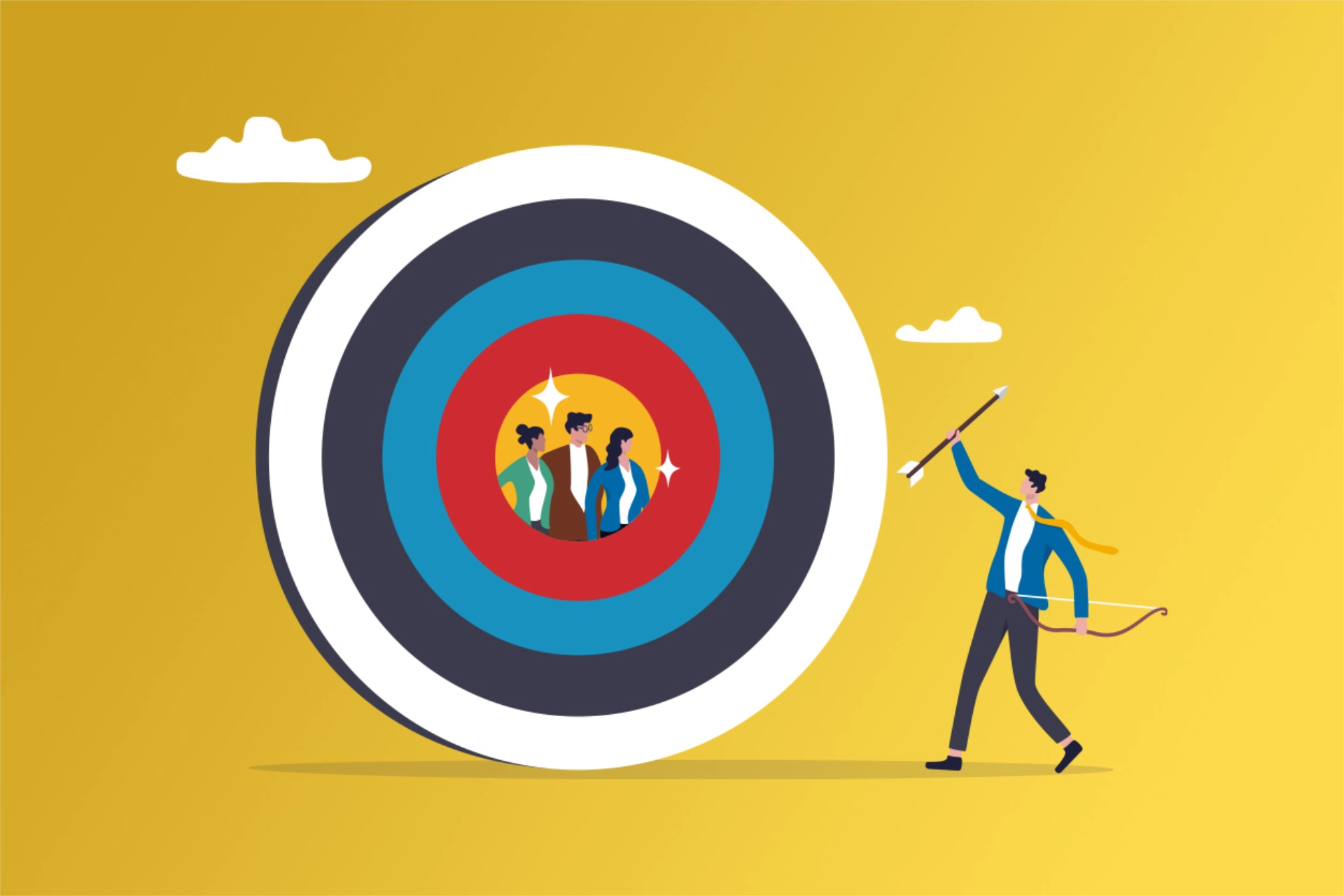 Cartoon target with one person with a bow and arrow and 3 others standing in the target