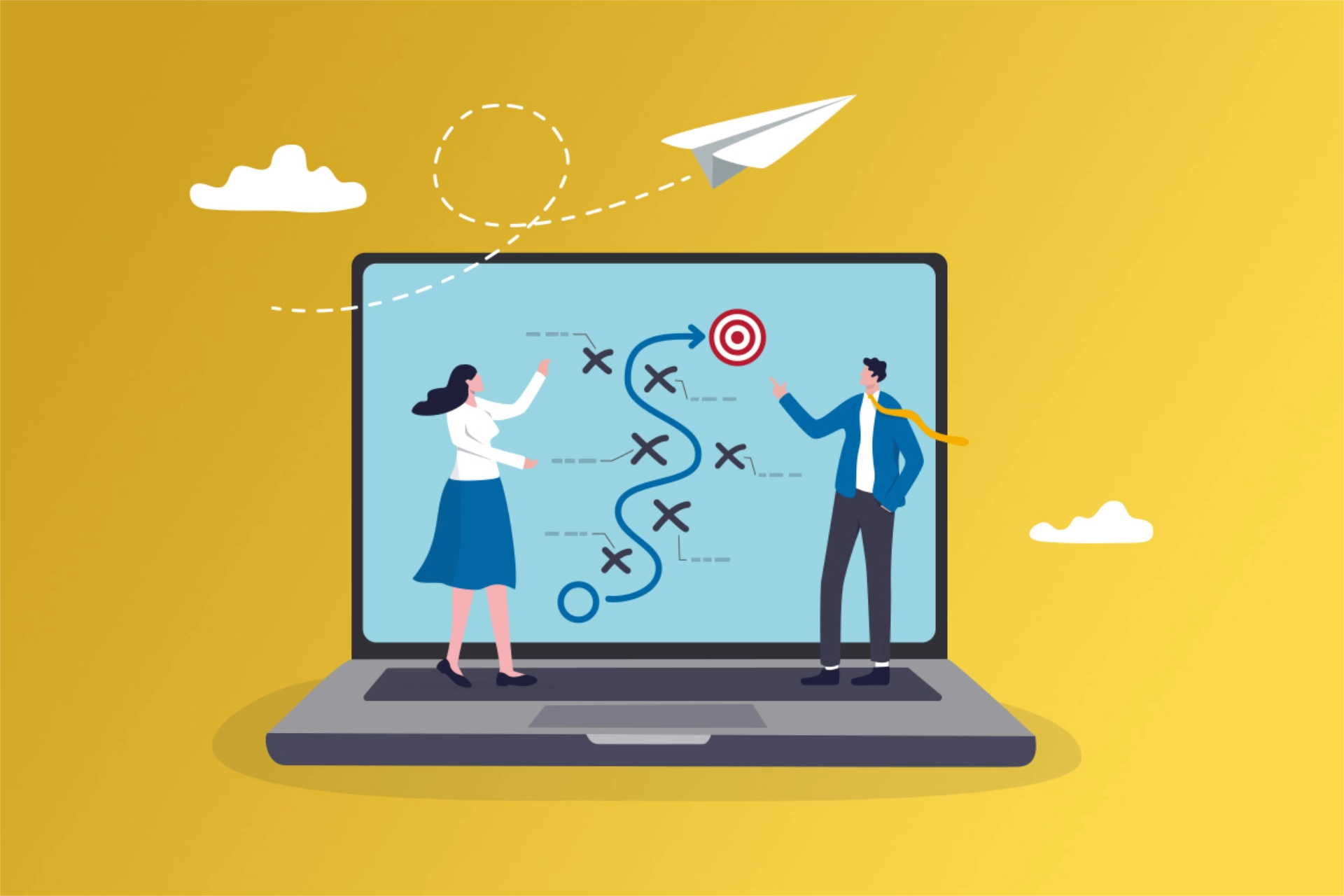 Cartoon man and woman on a laptop screen with a drawn map to a target