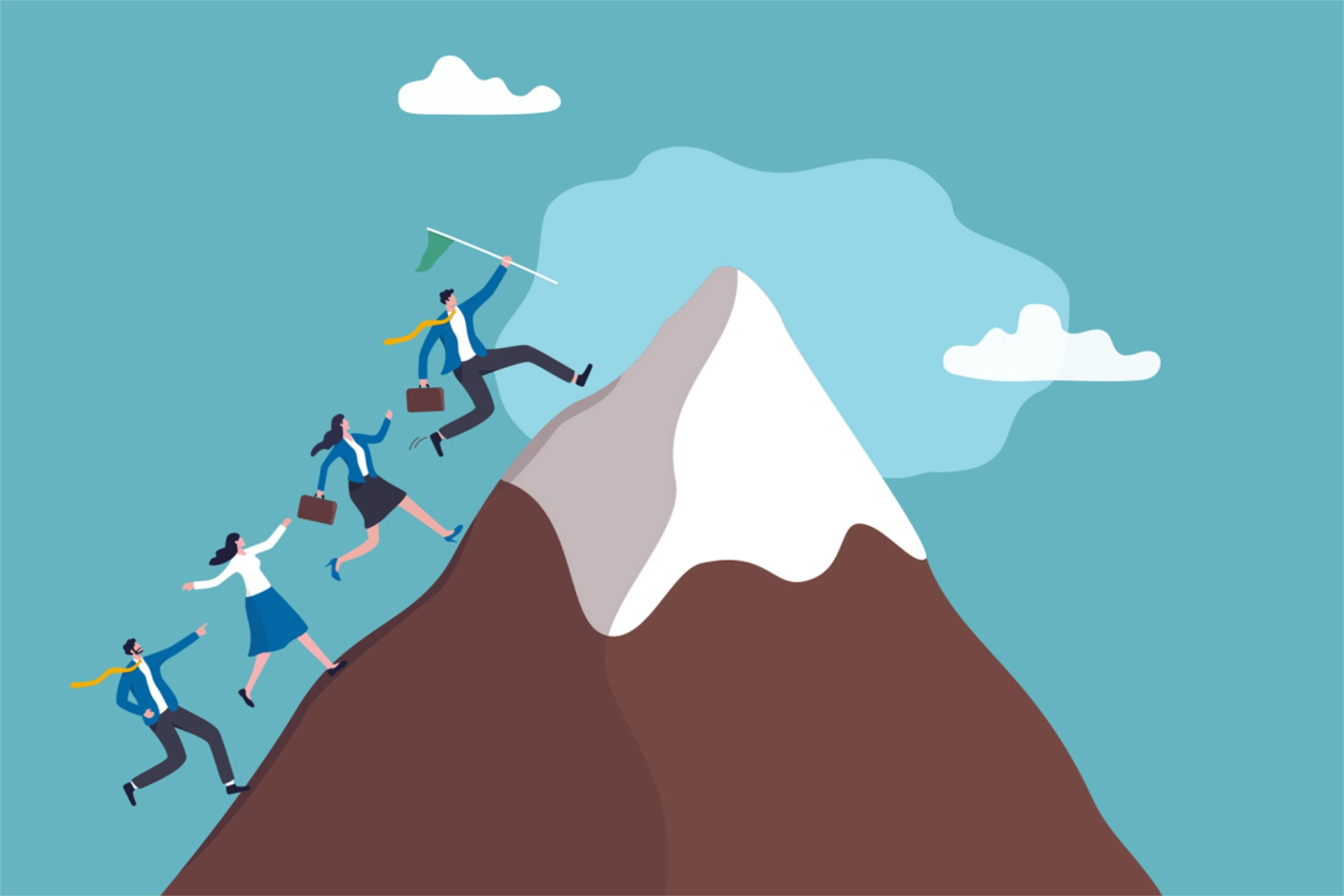 4 cartoon business people climbing a mountain with briefcases and a flag