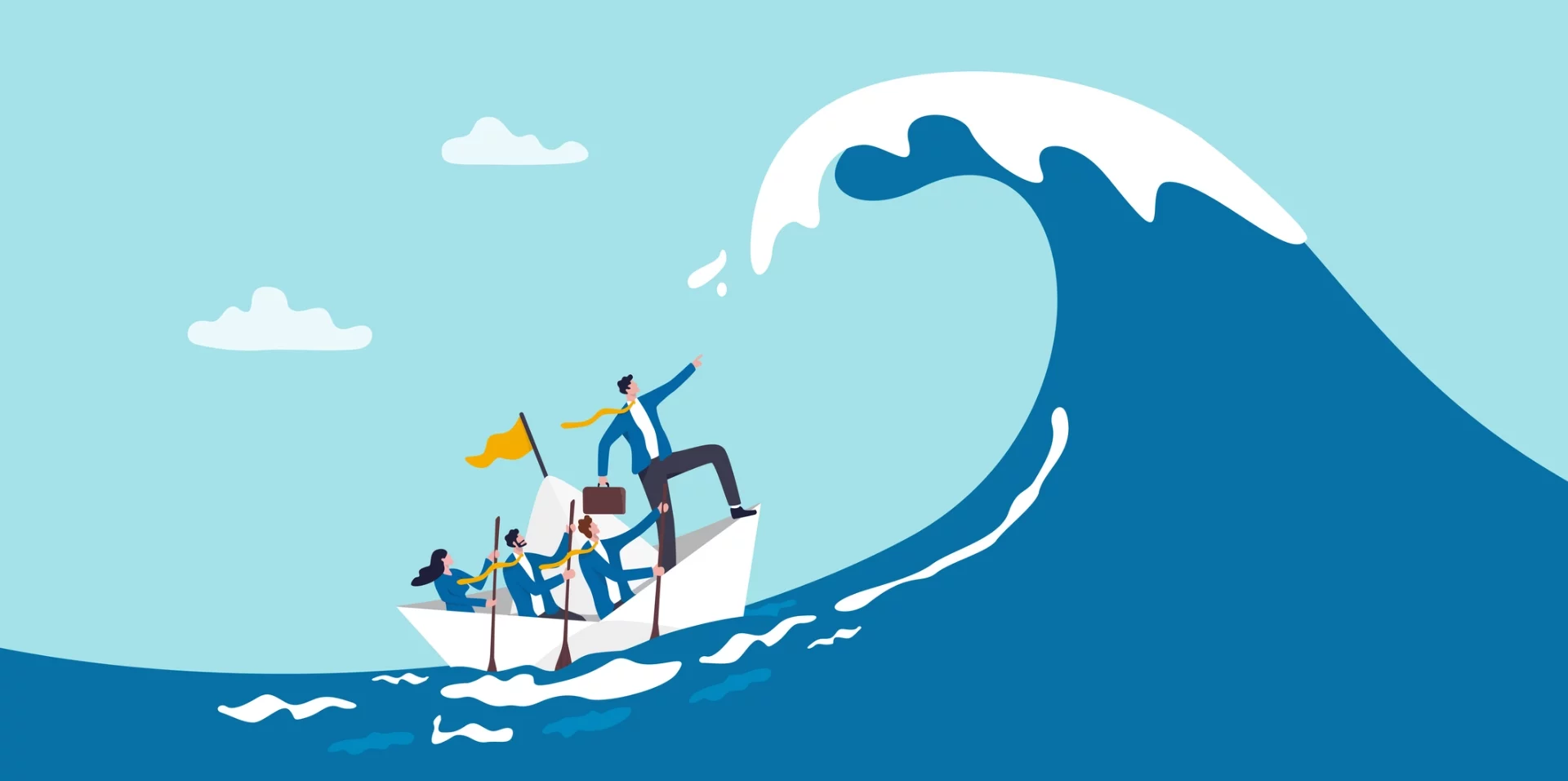 4 cartoon people in a boat with paddles riding a large wave