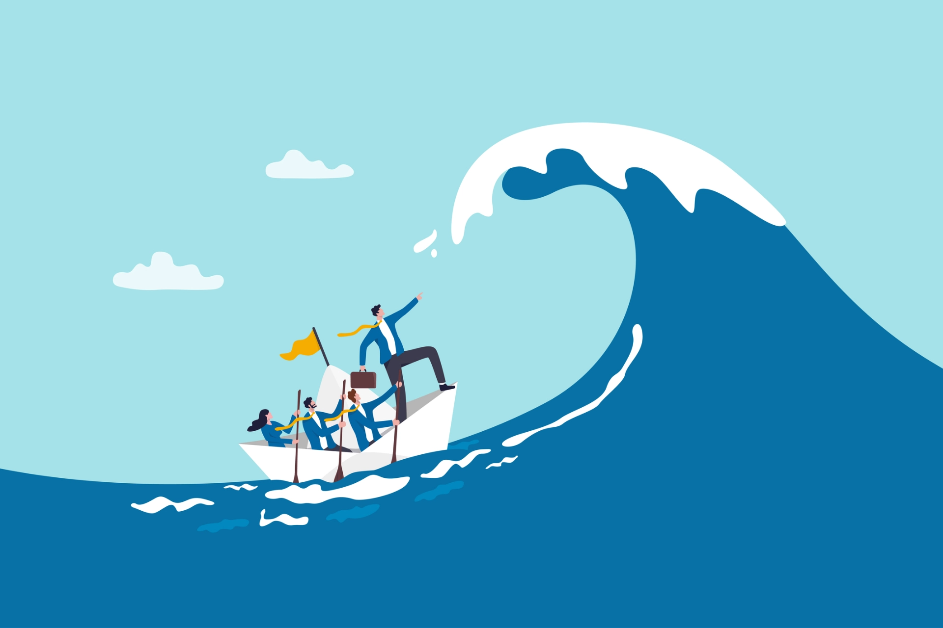 4 cartoon people in a boat with paddles riding a large wave