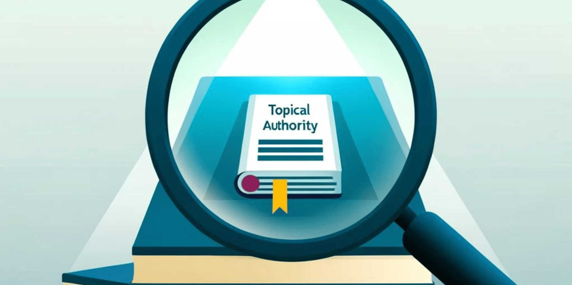 graphic showing a magnifying glass over a stack of books and the word 'topical authority'