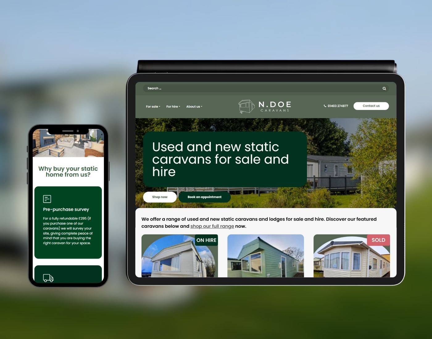 N.Doe Caravans website mockup tablet and mobile