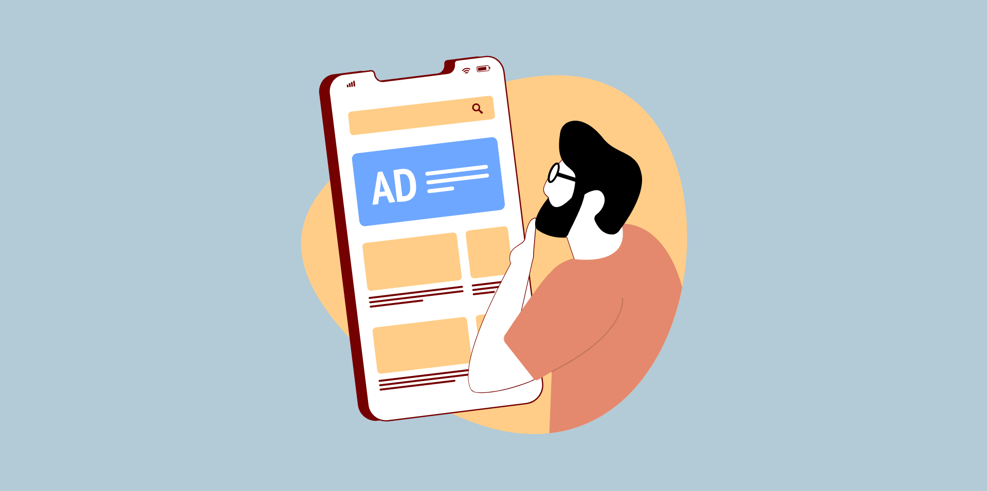 Graphic of a man looking at a phone displaying an ad