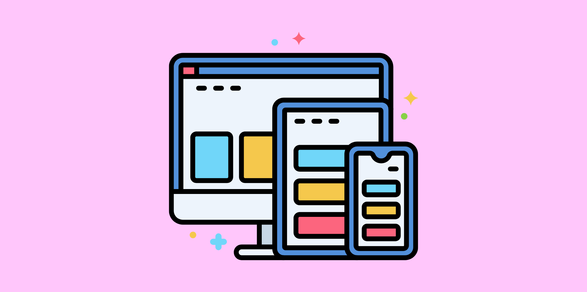 Graphic of a computer, tablet and phone displaying a website
