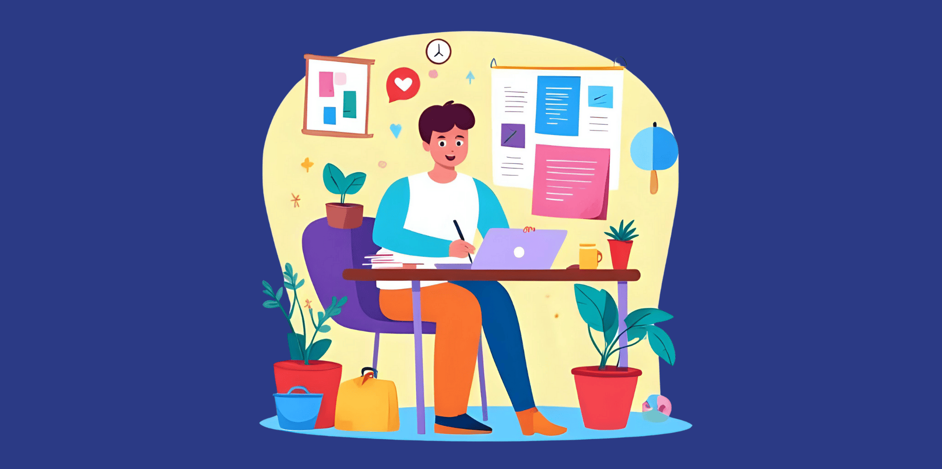 graphic image of a copywriter sitting on his desk