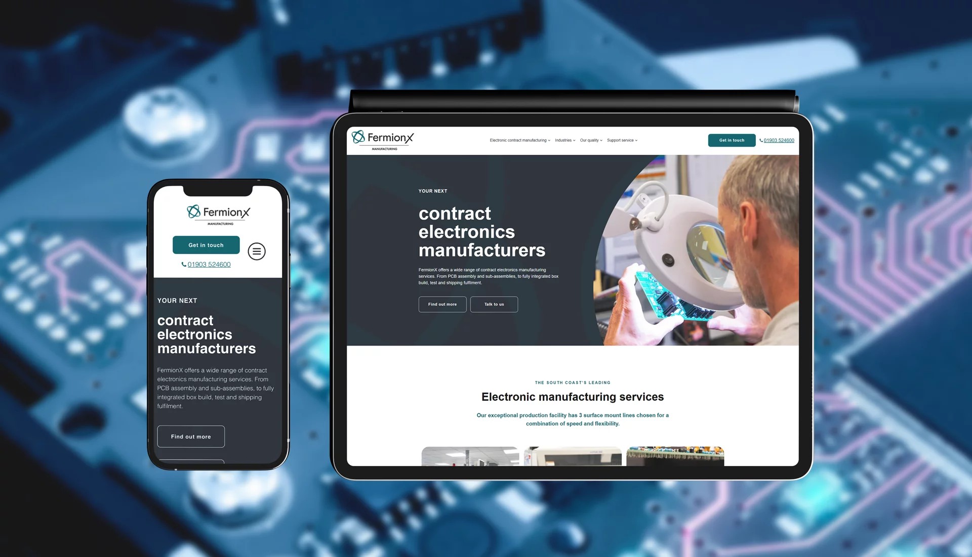 FermionX website mockup on tablet and mobile