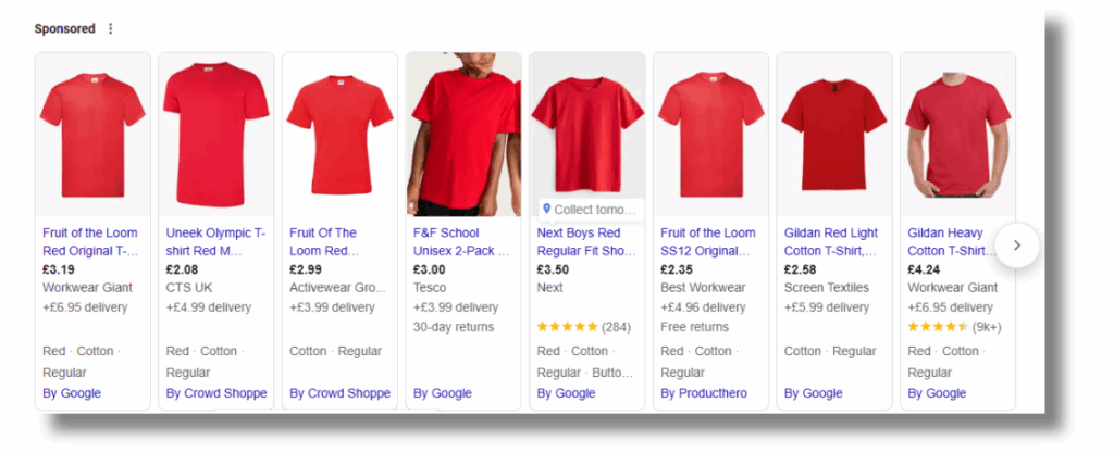 Example Google Shopping ad carousel showing red T-shirts