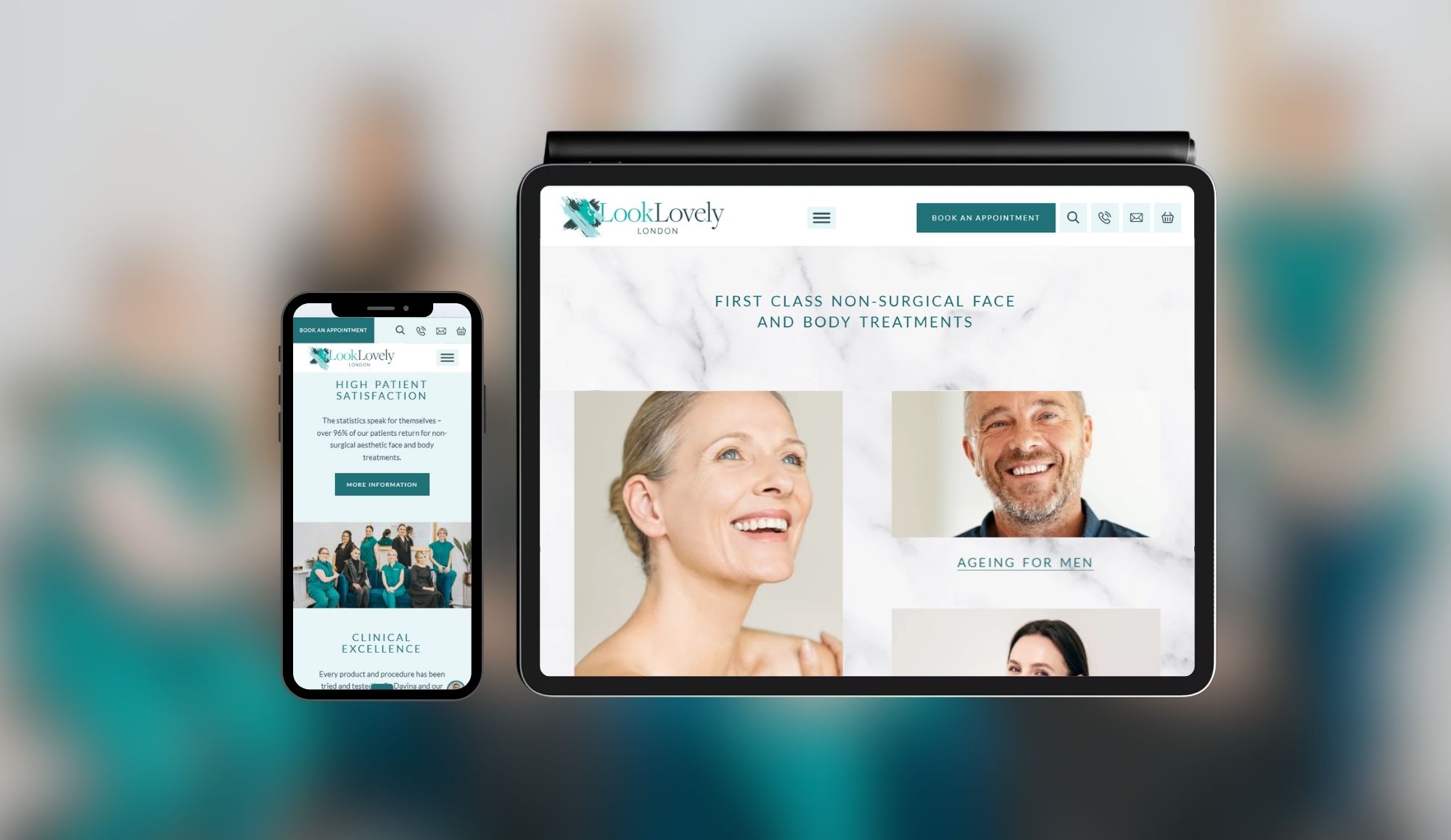 Look Lovely London website mockup on tablet and mobile