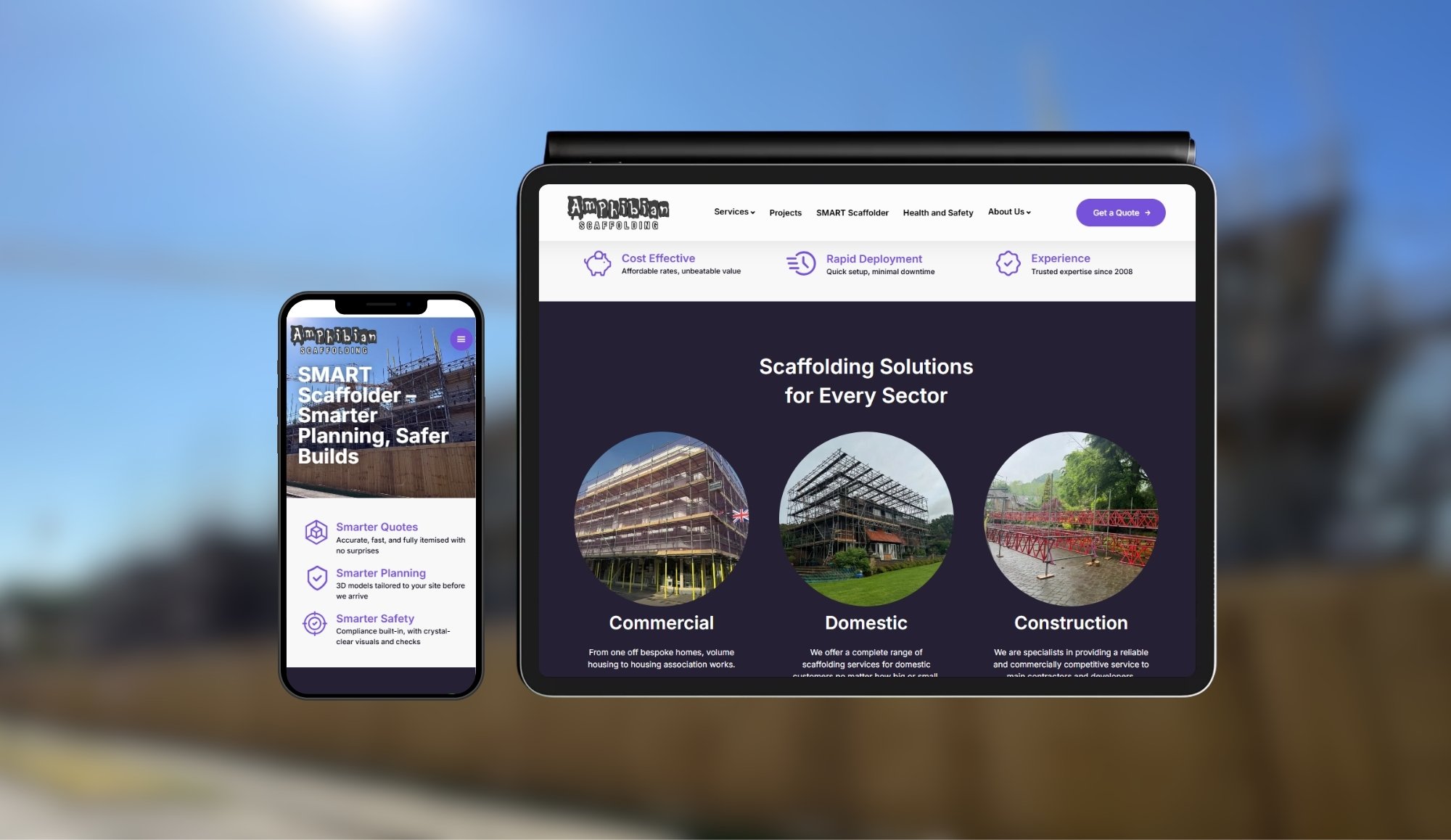 Amphibian Scaffolding website mockup on tablet and mobile