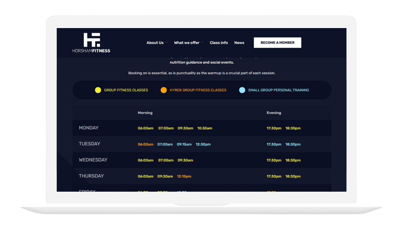 Horsham Fitness website mockup on a laptop