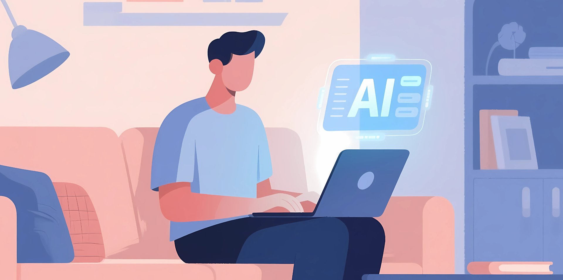 Graphic of man using a laptop with an ai pop-up above it