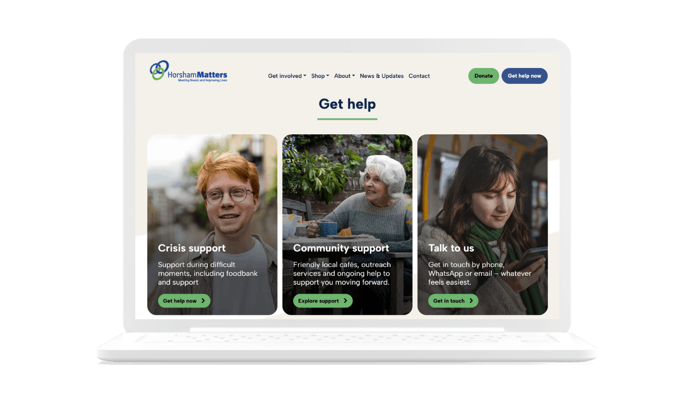 Horsham Matters 3 horsham amtters get help section on website homepage mockup on laptop