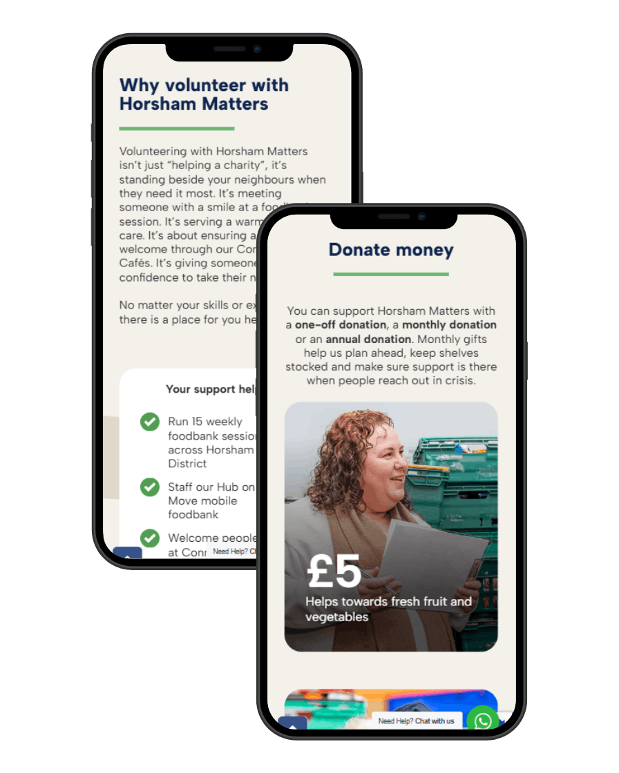 Horsham Matters 2 horsham matters website mobile mockups for volunteer and donate pages