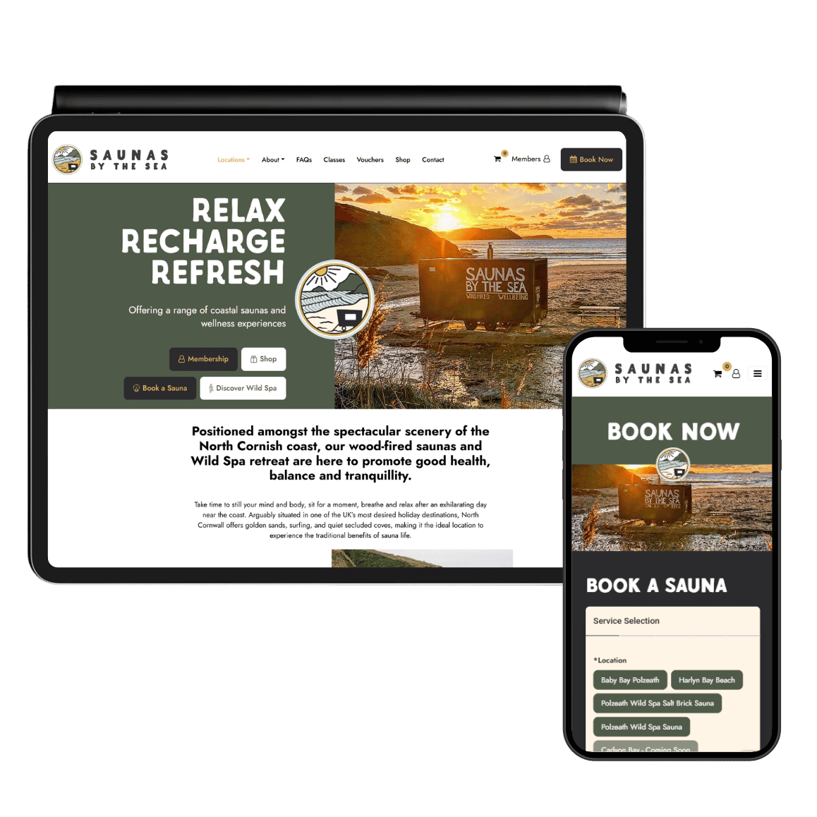 saunas by the sea website design mockup on tablet and mobile